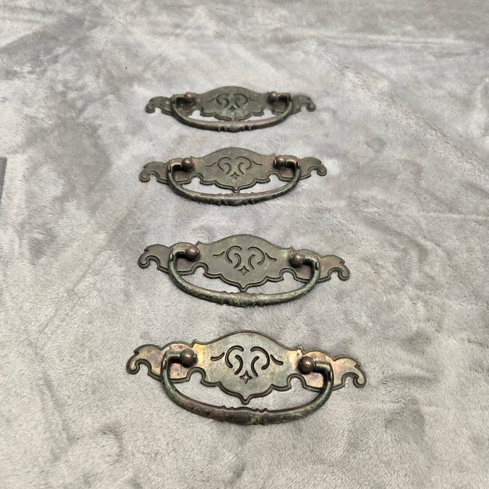 4 Keeler Brass Co KBC N-599 Vintage Bail Pull Drawer Handles Aged Brass 3" CTC